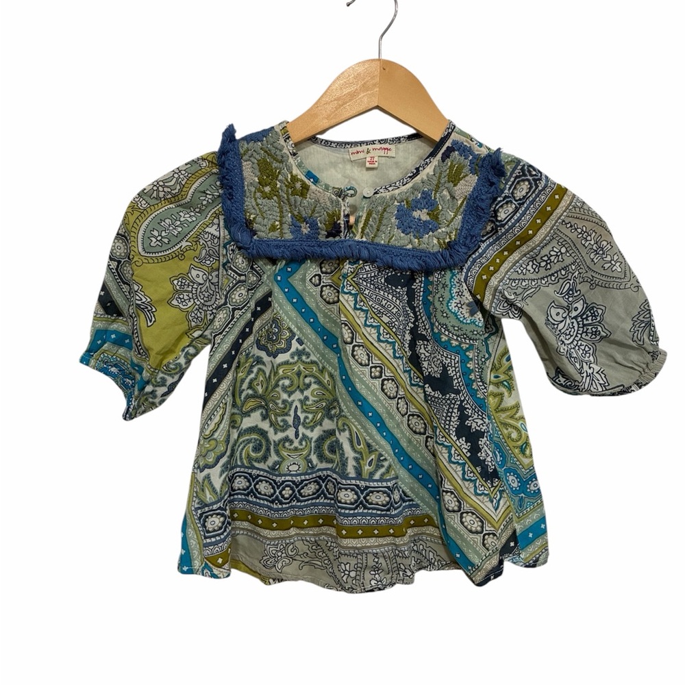 Mimi & Maggie 2T blouse green and blue paisley embroidered fringe detailing
